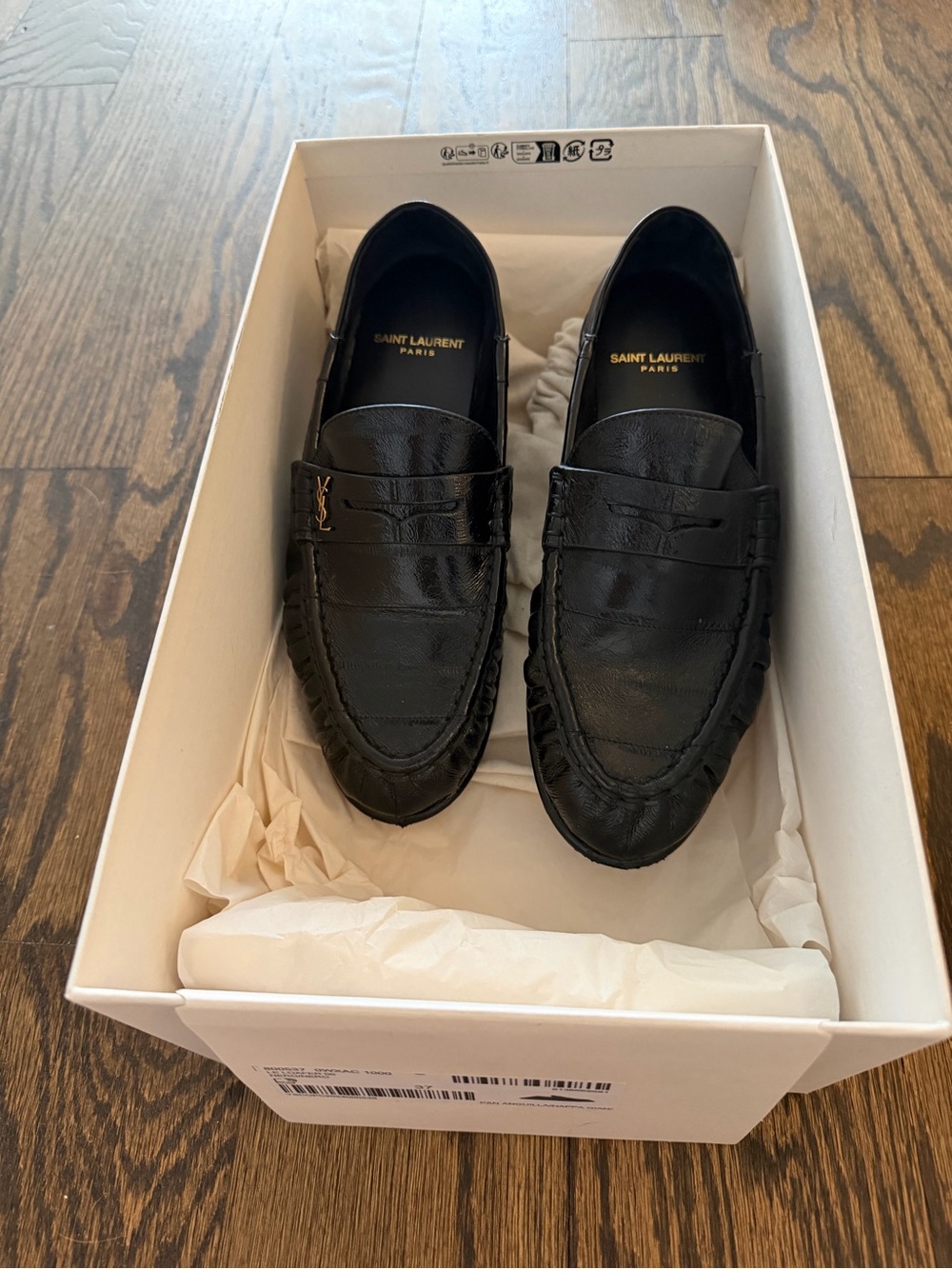 Saint Laurent Black Leather Penny Loafers with Gold Monogram - Picture 2 of 9